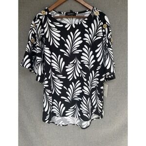 NWT Ellen Tracy Top Medium Black White Linen Blend Leaf Resort Boho Cruise